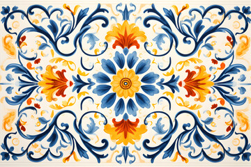 Pattern of Portuguese azulejos tiles. Rustic blue and yellow tile watercolor seamless pattern