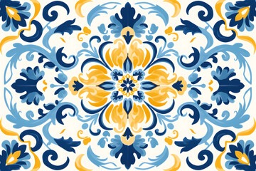 Pattern of Portuguese azulejos tiles. Rustic blue and yellow tile watercolor seamless pattern