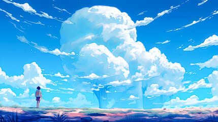Wall Mural - A beautiful blue sky with a few clouds and a tree in the distance.