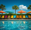 © Santijago - Tropical exterior with colorful umbrellas, swimming pool, and sunbeds. The background is palm trees and blue sky.