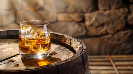 Poster - Glass of whiskey with ice cubes on the old barrel With copy space on wooden background : Generative AI