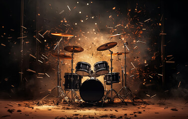 Wall Mural - A drum set is shown with a lot of debris around it.