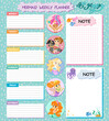 Happy mermaids weekly planner and note pages vector set