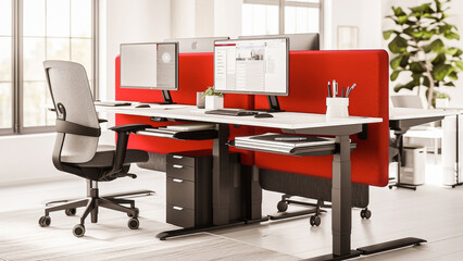 A bright, modern home office setup with two computers, a comfortable chair, and stylish red accents.