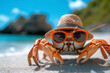Stylish crab with sunglasses and hat on a sunny beach. Generative AI image