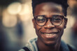 Generative AI illustration of joyful black young man with glasses and a wide smile on a lively street
