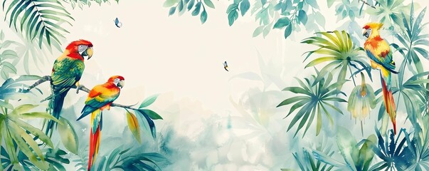  Tropical background with birds. Exotic landscape in hand-drawn wotercolar style. Luxury wall mural. Wallpaper with leaves and flowers.