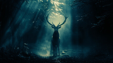Wall Mural - Stag with glowing antlers in night forest