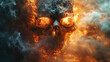 Human skull on fire, in smoke