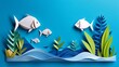 Paper art and cut style concept of World Oceans Day. Celebration dedicated to help protect sea earth and conserve water ecosystem. Blue tone origami craft paper of sea waves. fish and plants under sea