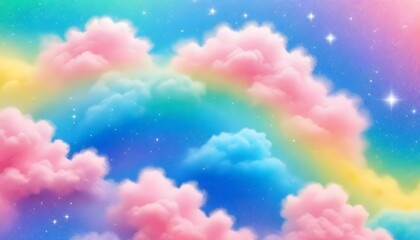 Wall Mural - a pastel rainbow unicorn background including sparkling stars. a hazy, pink fantasy sky. charming ho
