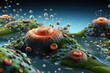 A surreal 3D animation within the human saliva glands, showing cells combating foodborne pathogens in a watery landscape, no shadow