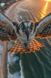 an osprey flying over the beach at sunset, taking an extreme closeup selfie
