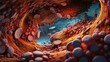 A vibrant 3D animation of a microscopic battlefield within the stomach, featuring enzymes and stomach acids clashing with invasive bacteria, clear lighting