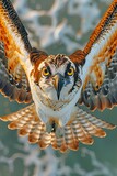Fototapeta  - an osprey flying over the beach at sunset, taking an extreme closeup selfie