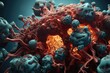 A detailed 3D scene of a microscopic battle within the liver, where detoxifying cells combat toxins in a toxic, colorful landscape, clear lighting