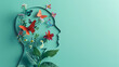 © Generative AI - Cardboard silhouette of human head decorated with flowers and butterfly on mint background World mental health day concept Vertical banner Copy space : Generative AI