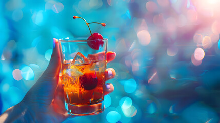 Wall Mural - Women hand holding glass with drunk cherry cocktail over blue pop art background Copy space for ad Concept of party relax alcohol : Generative AI