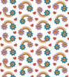 Vector seamless pattern of groovy cartoon retro rainbow with flowers isolated on white background