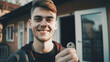 Generative AI illustration of cheerful young man stands outside a home, proudly displaying a shiny new house key, symbolizing a fresh start or homeownership