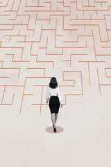 Vertical photo collage of young businesswoman walk maze career promotion difficult path riddle labyrinth isolated on painted background
