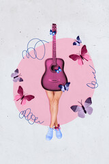 Poster - Collage artwork image of funny woman silhouette guitar instrument no face body isolated on drawing background