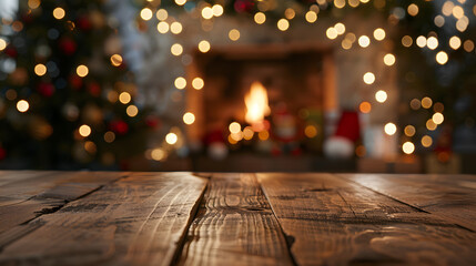 Poster - Empty wooden table on Christmas background with fireplace Copy space : Generative AI