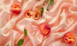 Creative background made with peach fruits and pastel pink silk sheet.