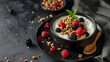 Breakfast cereal granola with berries and greek yogurt on a dark background Bowl with yogurt granola and fresh berries on a black plate Healthy breakfast with wooden spoon : Generative AI