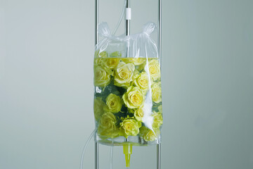 Wall Mural - Vibrant green roses inside of a clear IV bag hanging on a metal stand. Minimal flower serum. Flower therapy. 