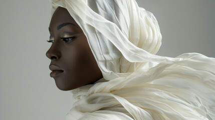 In the final portrait a regal black woman is enwrapped in a soft ivory silk shawl that exudes grace and elegance. Against a subtle monochromatic background the gentle d of the silk .