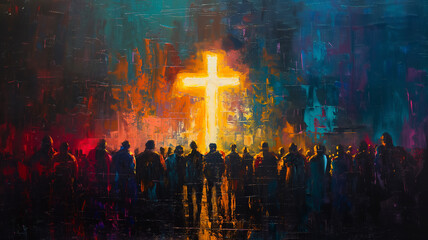 Sticker - A painting of a cross with a group of people in the background