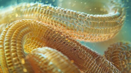 Sticker - A closeup view of a tapeworm with its extensive network of segments visible under a microscope. The thin wormlike body of the is coiled