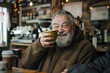 Senior man enjoying a cup of coffee at a cafe, smiling as he savors of his drink.