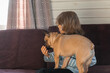 child holding her pet, girl sitting with french bulldog puppy