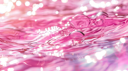 Wall Mural - Abstract summer banner background Transparent pink clear water surface texture with ripples splashes and bubbles Water waves in sunlight with copy space Cosmetics moisturizer micellar  : Generative AI