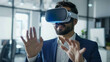 © Lucianastudio - Businessman wearing shirt and suit working while using a VR headset. attractive gesture pose. in office room.
