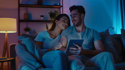 young hispanic couple sitting on couch at home using a tablet pc for internet and social media the g