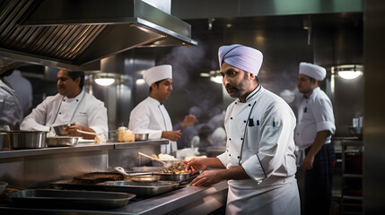 cooking, profession and people concept - happy male Indian chef in over restaurant kitchen background