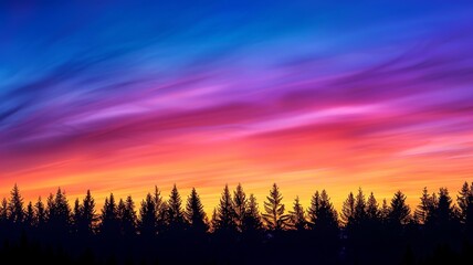 Wall Mural - Aurora and sunrise. Most of the screen is the sky, below is the forest, Abstract and minimalist photography art