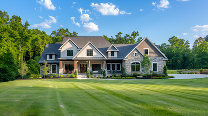 Large modern luxury single-family country home with a large mowed lawn ,Beautiful white brick home featuring a very modern architectural design with large windows and beautiful landscaping.

