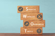 SWOT analysis and strategic planning technique concept. SWOT words means Strengths, Weaknesses, Opportunities and Threats on stack of wooden cube blocks including