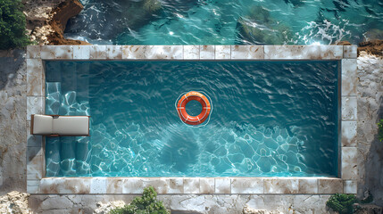 Poster - Empty rectangular blue swimming pool with sunbeds and umbrellas and big inflatable Yellow Pineapple floating tube. Rent real estate or Chill out on summer vacation in a luxury resort concept.