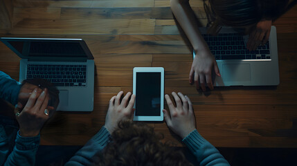 Aufkleber - top view of a young woman and a young man who works with a laptops phone and tablet on the table  digital tablet with blank copy space screen for your information : Generative AI