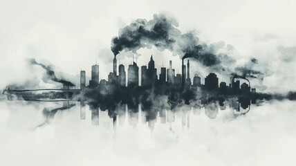 Wall Mural - A city skyline with a lot of smoke in the air