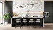 black and white kitchen and dining room area modern elegant luxury interior design, over all view with brass lights and led spots