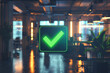 A green checklist icon on an office background for cyber security and compliance