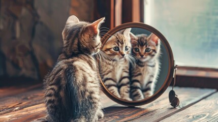 Wall Mural - a little cat looks in the mirror. selective focus