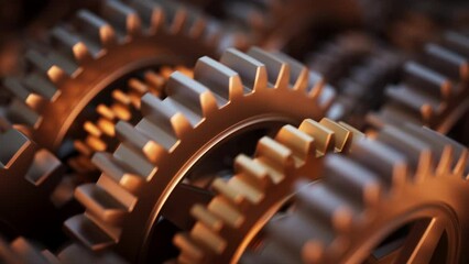 Looped 3D animation of a gear mechanism group. Close-up. Defocus
