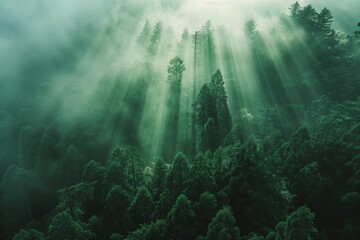 Poster - AI generated illustration of a lush forest with sun rays filtering through clouds